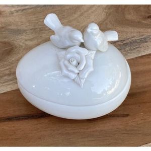 White Doves Bird Pair Single Rose All White Egg Shaped Trinket Box Jewelry Box